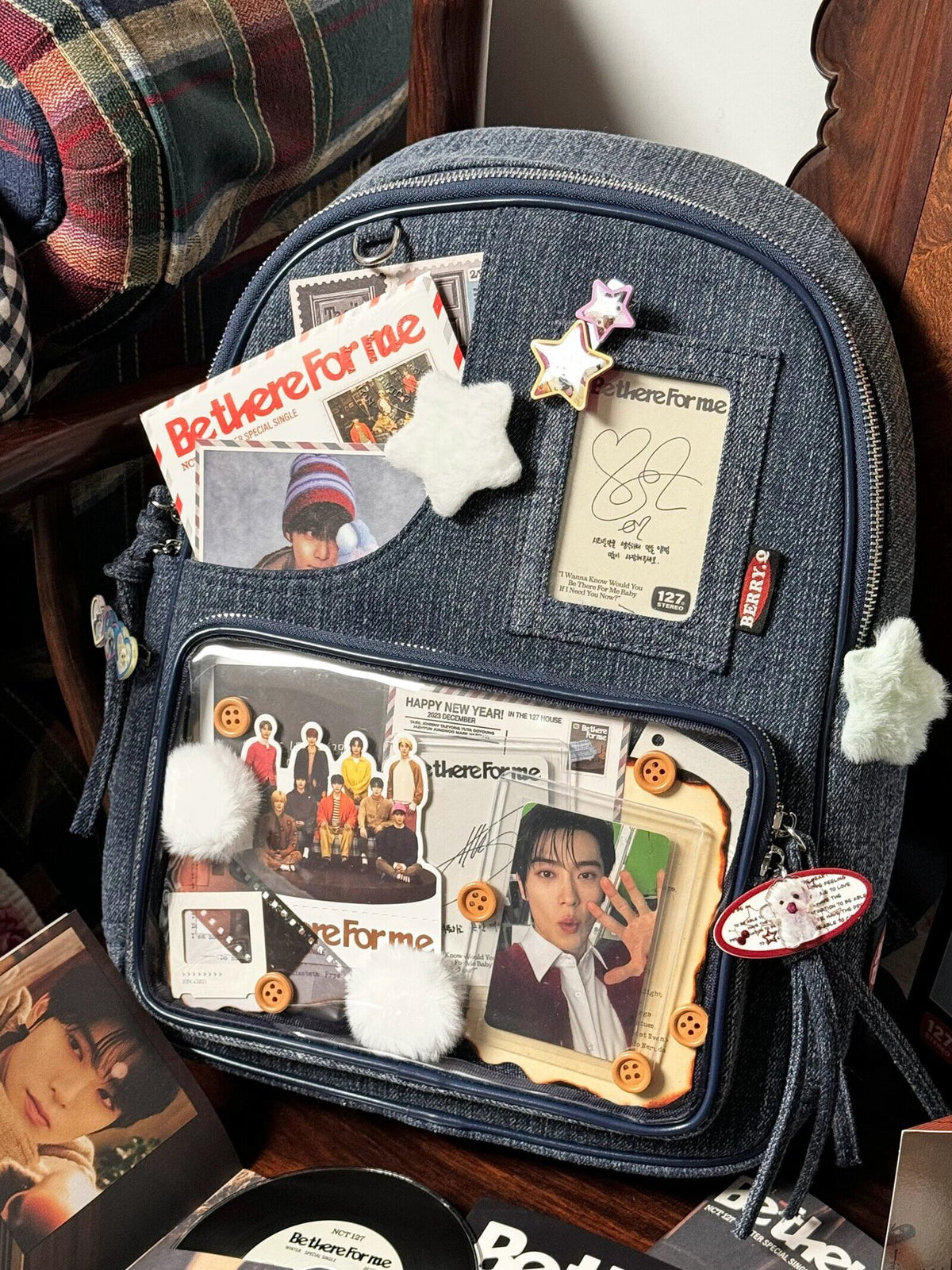 Dark blue Large Capacity Anime Denim Bookbag for School Commute  Anime Fans