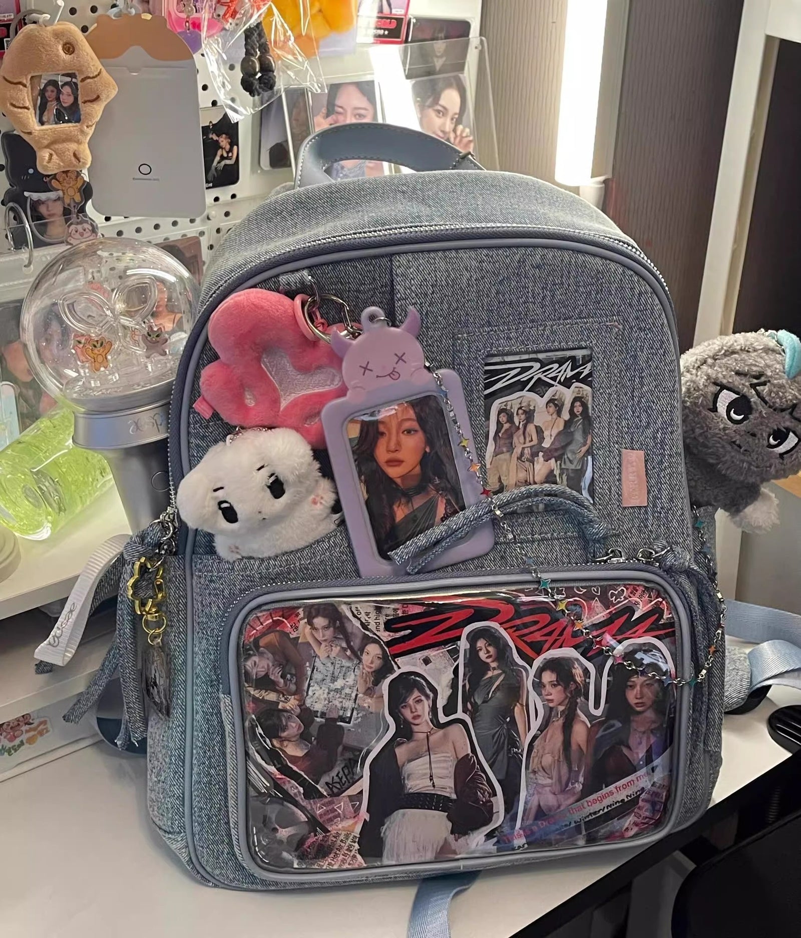 Dark blue Large Capacity Anime Denim Bookbag for School Commute  Anime Fans