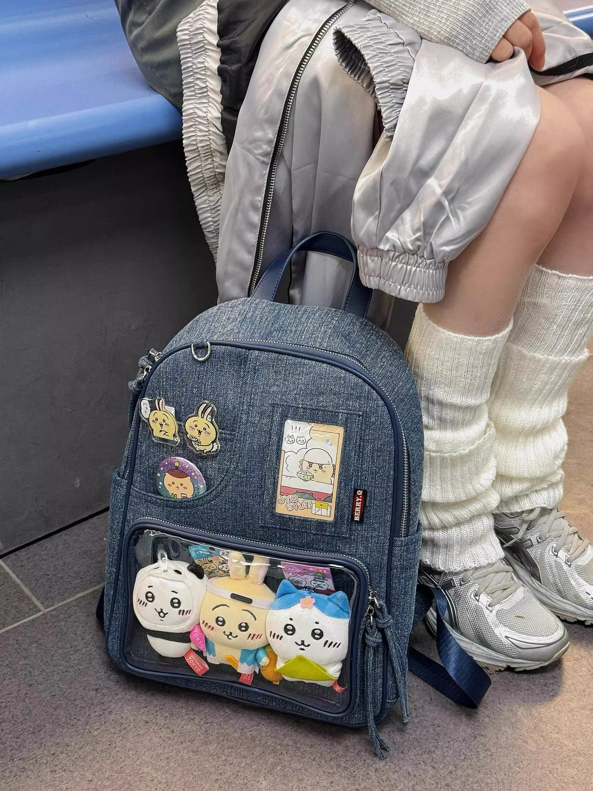 Dark blue Large Capacity Anime Denim Bookbag for School Commute  Anime Fans