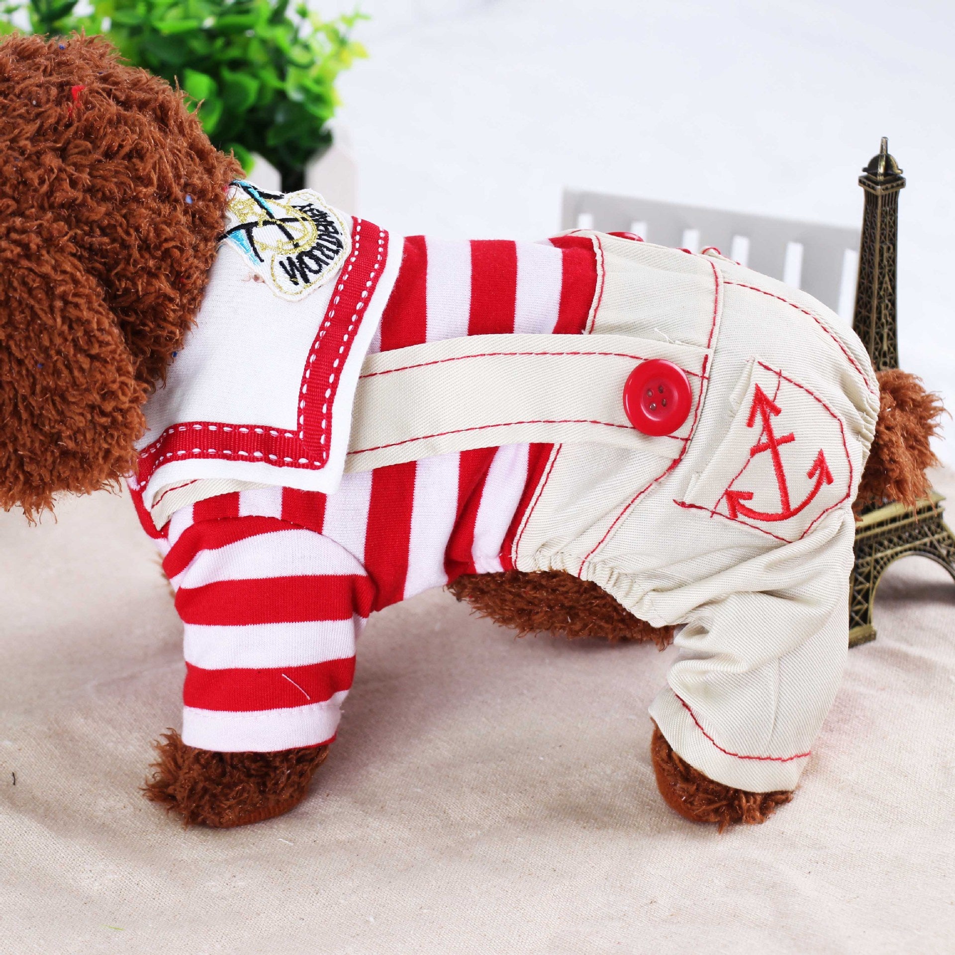Red Cute Sailor Dog Outfit - Striped Shirt & Anchor Overalls for Small Dogs (Size : XL )
