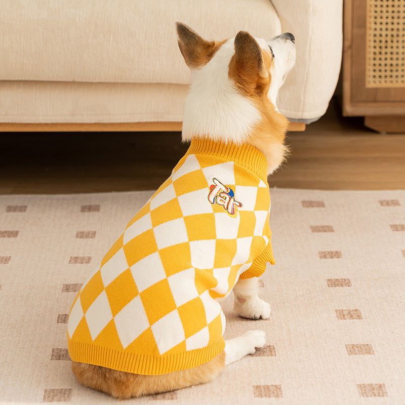 Classic Argyle Dog Sweater - Yellow &amp; White Knit for Corgis &amp; Medium Breeds (Size : L)