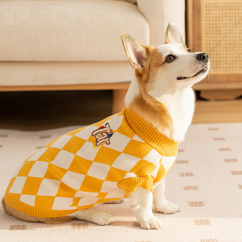 Classic Argyle Dog Sweater - Yellow & White Knit for Corgis & Medium Breeds (Size : L)
