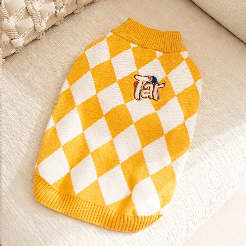 Classic Argyle Dog Sweater - Yellow & White Knit for Corgis & Medium Breeds (Size : L)