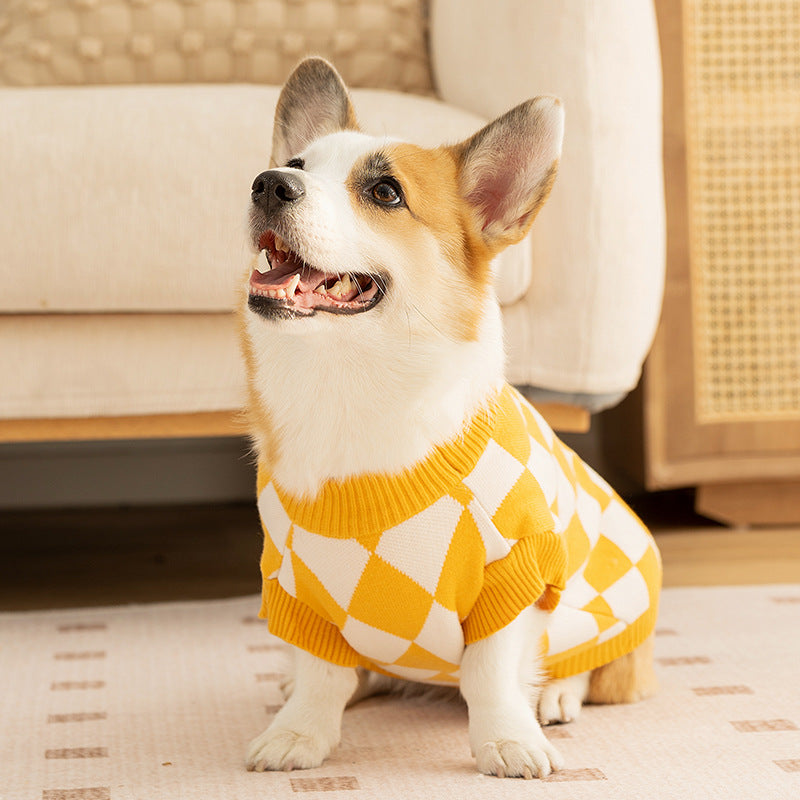 Classic Argyle Dog Sweater - Yellow & White Knit for Corgis & Medium Breeds (Size : XL)