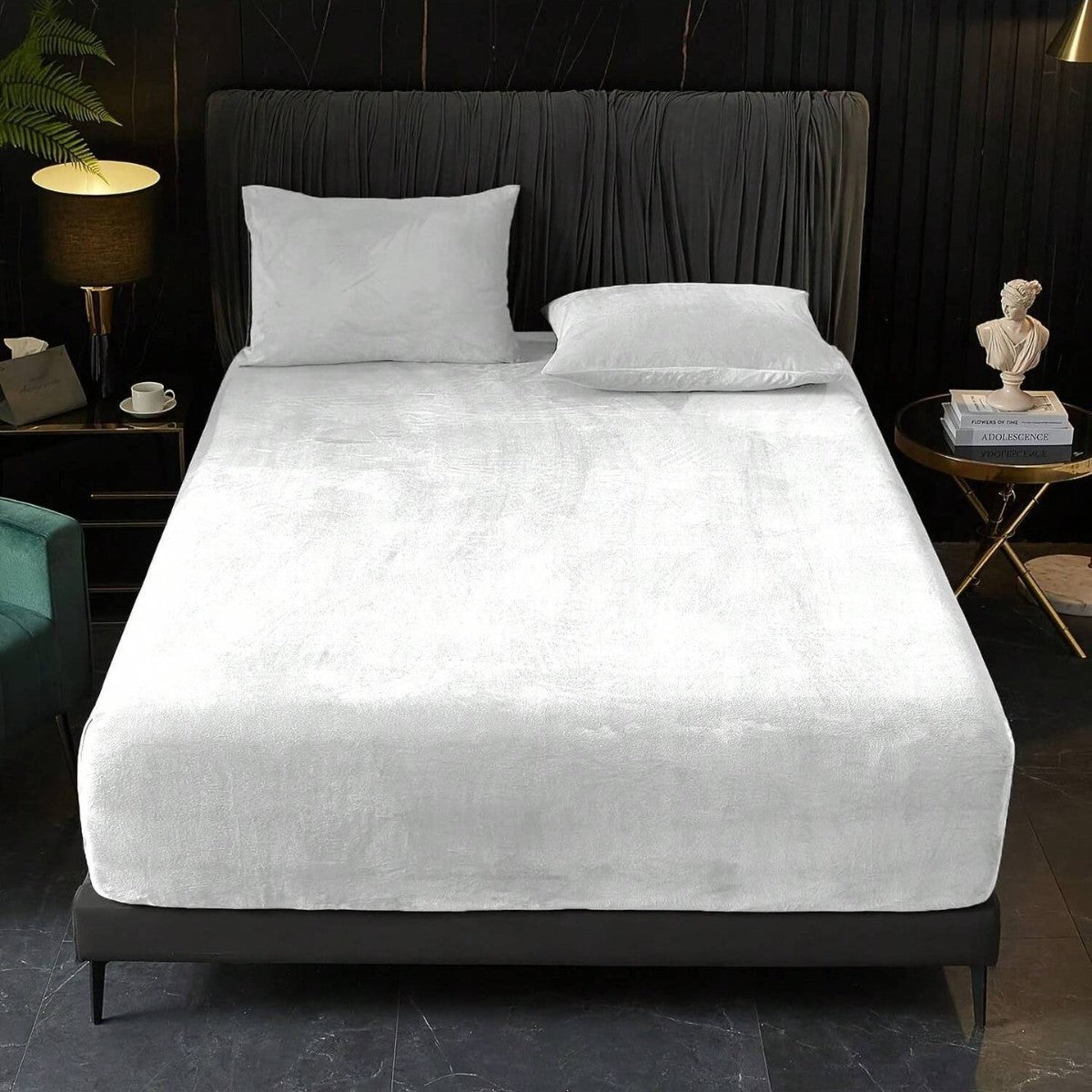 White Plush Crystal Velvet Fitted Sheet - Ultra Soft, Warm &amp; Thick for Winter (153x203+36cm)