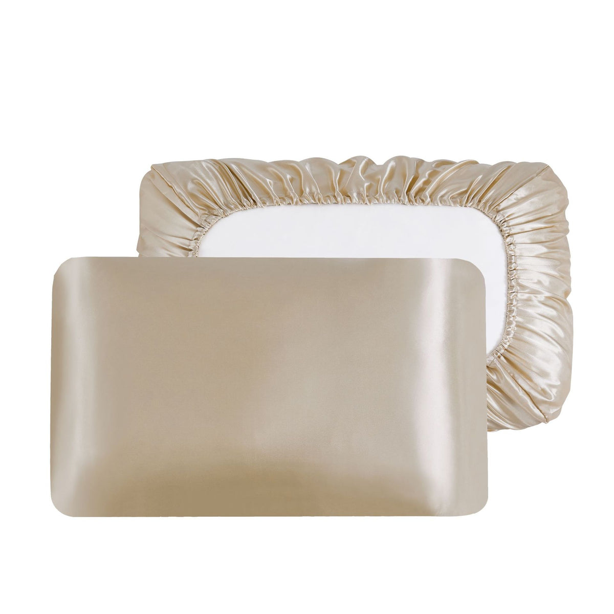 Champagne Silky Satin Pillowcase Pair - Smooth for Hair &amp; Skin, Elastic Fitted (46x70+16cm)