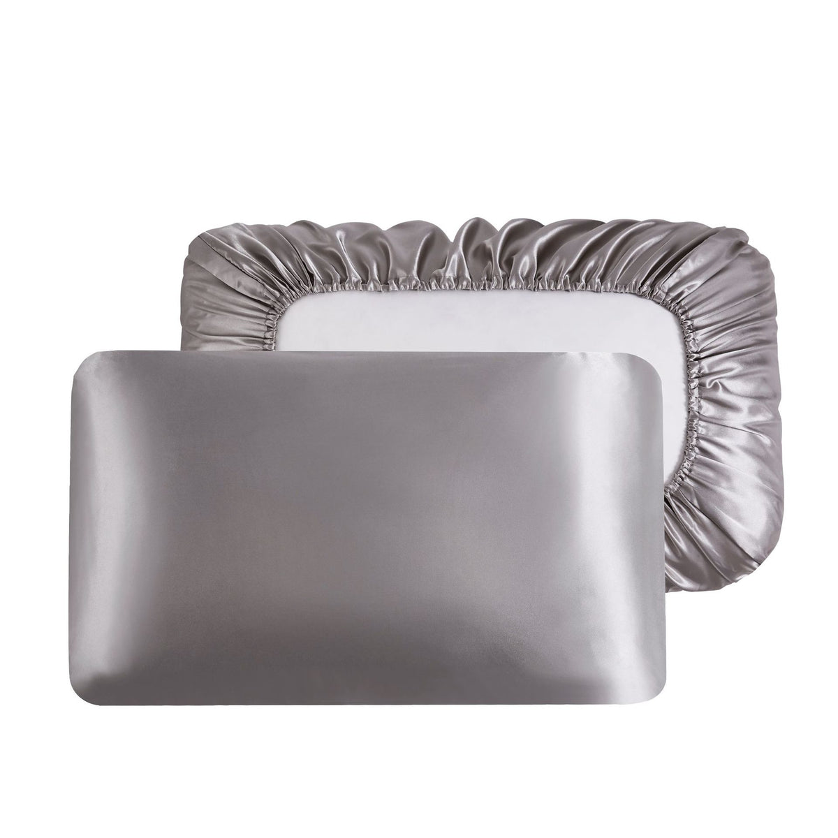 Gray Silky Satin Pillowcase Pair - Smooth for Hair &amp; Skin, Elastic Fitted (46x70+16cm)