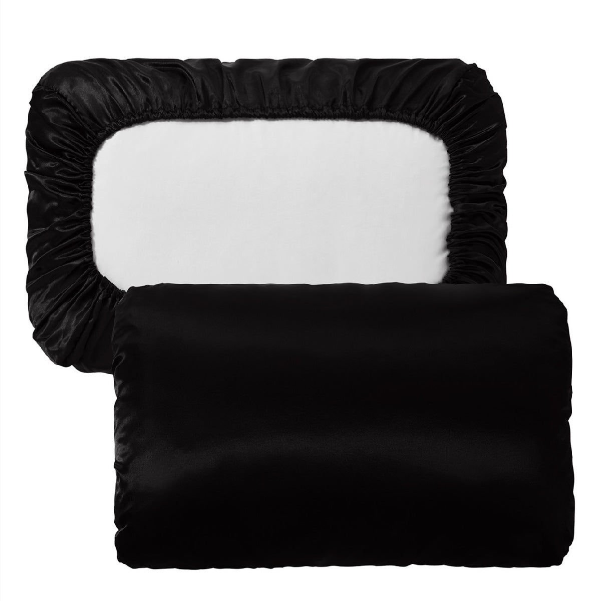 Black Silky Satin Pillowcase Pair - Smooth for Hair &amp; Skin, Elastic Fitted (46x70+16cm)