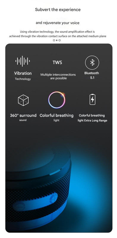 Silver Bone Conduction Vibration Bluetooth Speaker - TWS Stereo, LED, Surface Sound