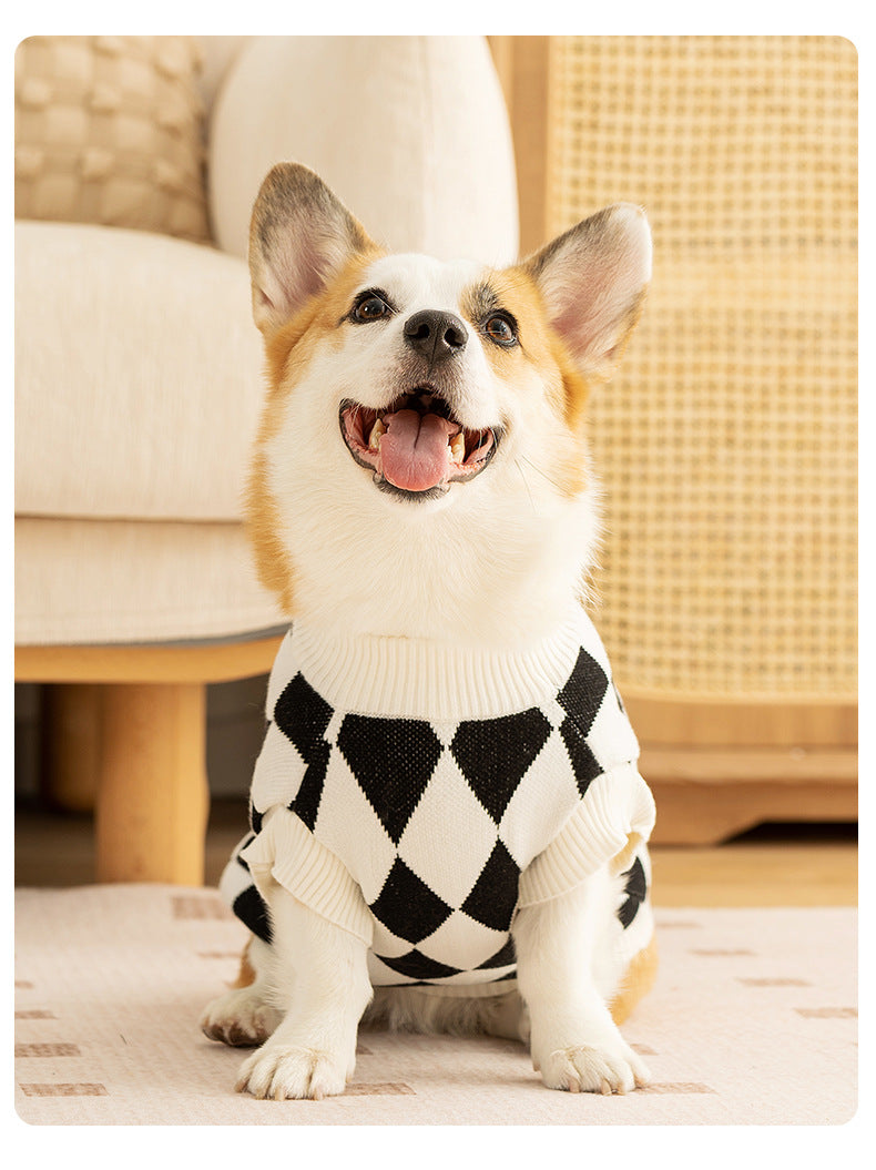 Classic Argyle Dog Sweater - Black & White Knit for Corgis & Medium Breeds (Size : XXl)