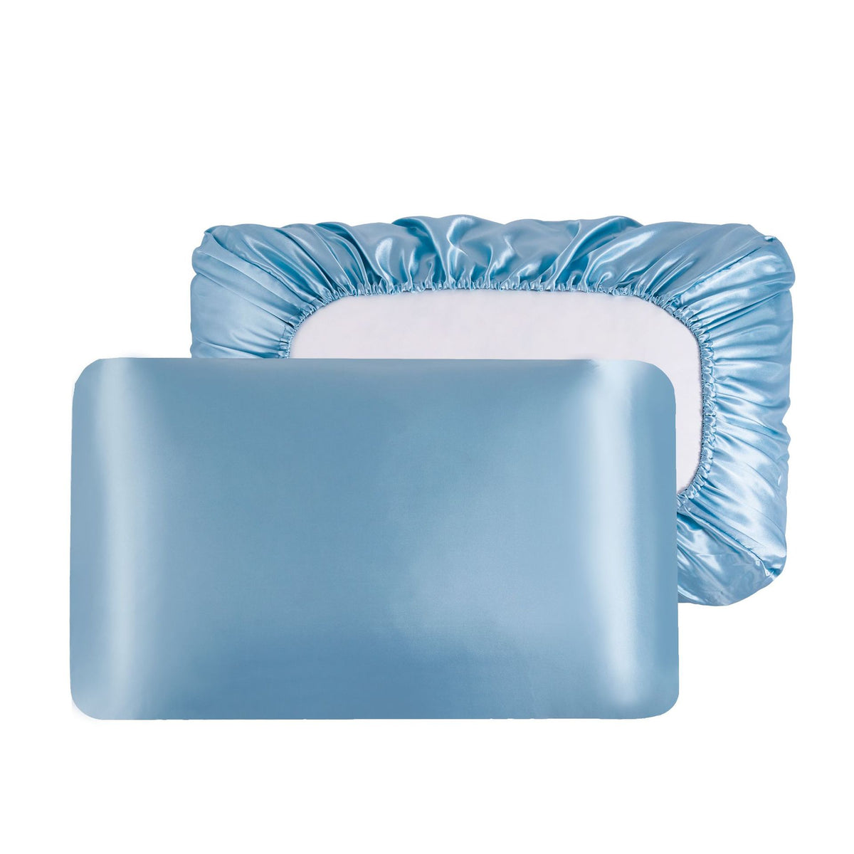 Sky Blue Silky Satin Pillowcase Pair - Smooth for Hair &amp; Skin, Elastic Fitted (46x70+16cm)
