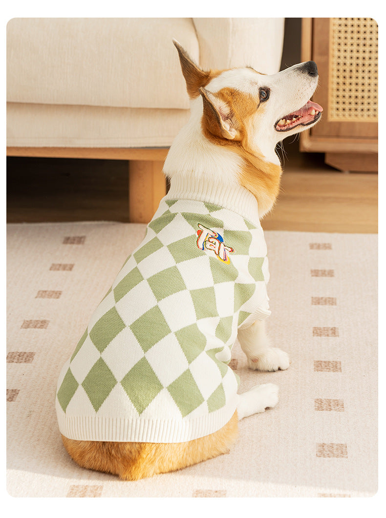 Classic Argyle Dog Sweater - Green &amp; White Knit for Corgis &amp; Medium Breeds (Size : S)