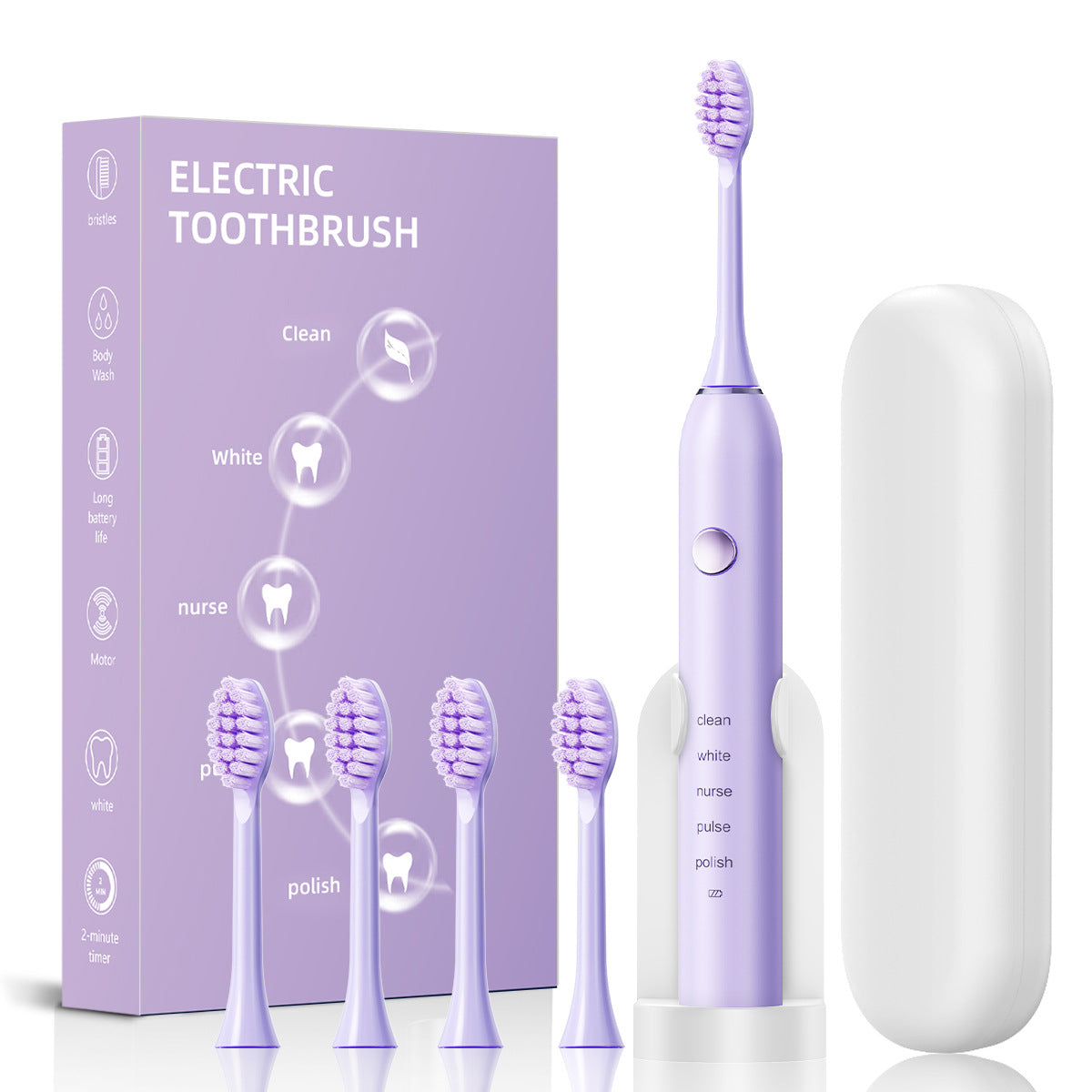 Advanced Sonic Toothbrush: 5 Cleaning Modes, 2-Min Timer, USB Fast Charge, Purple (4 brush heads + bracket + toothbrush box)