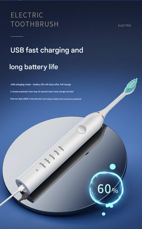 Advanced Sonic Toothbrush: 5 Cleaning Modes, 2-Min Timer, USB Fast Charge, Purple (4 brush heads + bracket + toothbrush box)