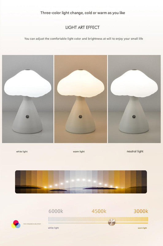 White Mushroom LED Table Lamp - Rechargeable, 3-Color Touch Dimmable, USB-C