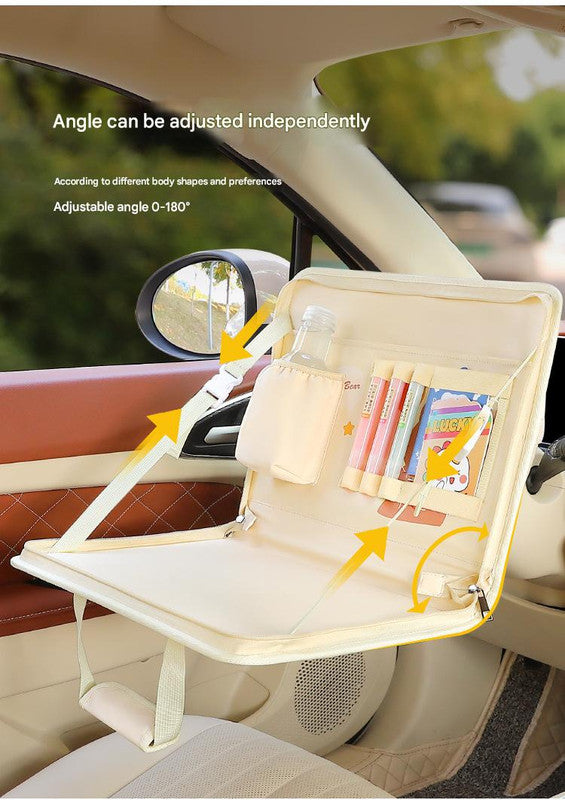 Yellow Foldable Car Back Seat Organizer Tray - PU Leather Travel Desk with Tablet Holder