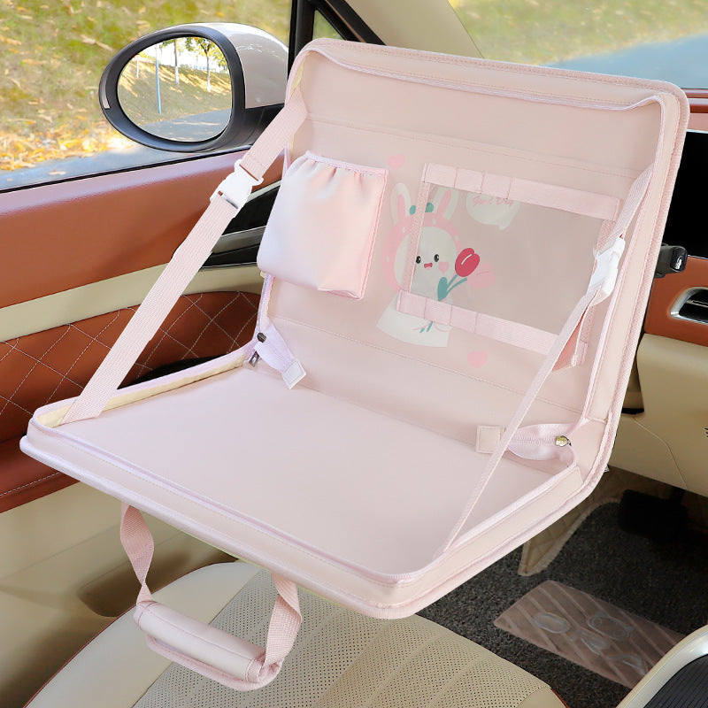 Pink Foldable Car Back Seat Organizer Tray - PU Leather Travel Desk with Tablet Holder