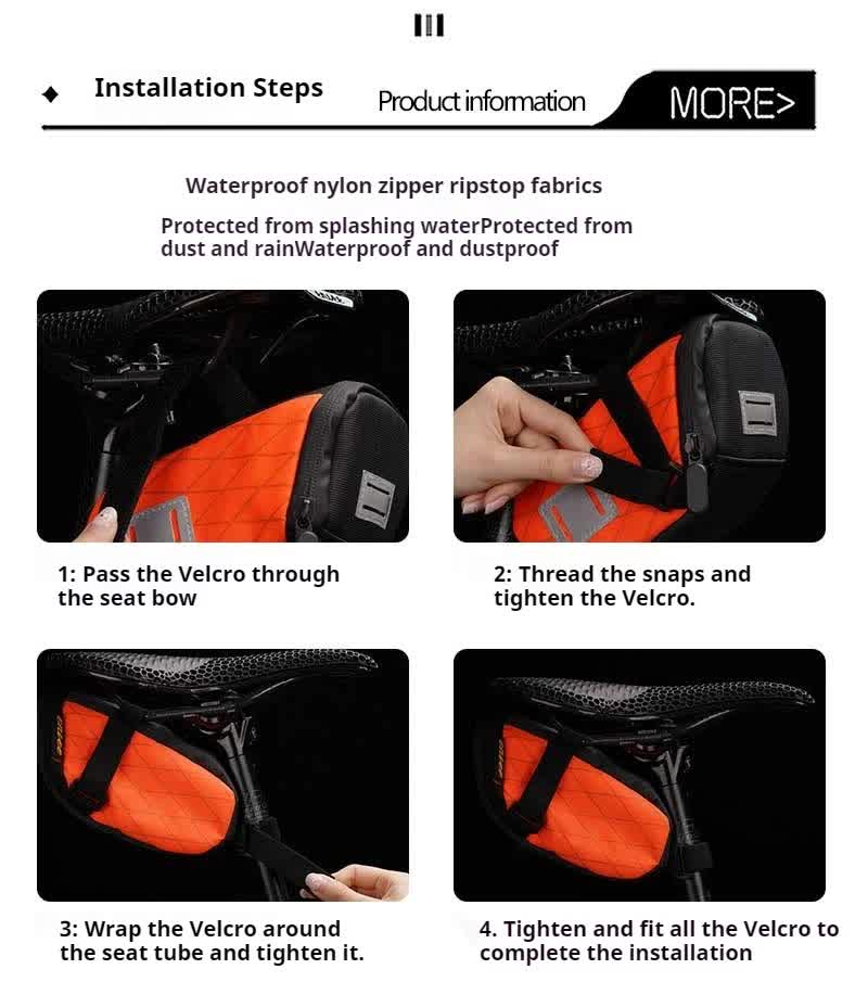 Orange And Black Water-Resistant Bicycle Saddle Bag - 1.3L Reflective Seat Pack for Road & Mountain Bikes