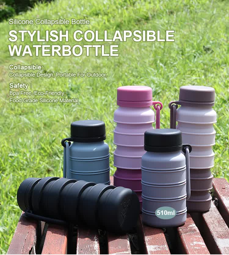 Black Collapsible Silicone Water Bottle - 510ml Portable Food-Grade Travel & Sports Drink Flask