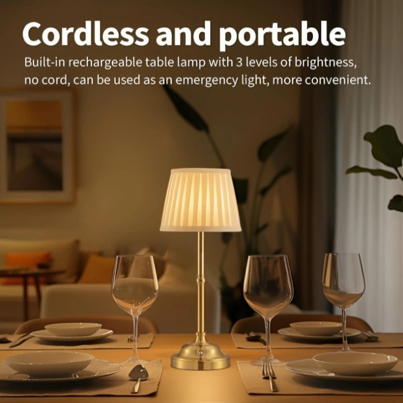 Gold and White Elegant Rechargeable Fabric Shade LED Lamp - Cordless Touch Stepless Dimmable Table Light