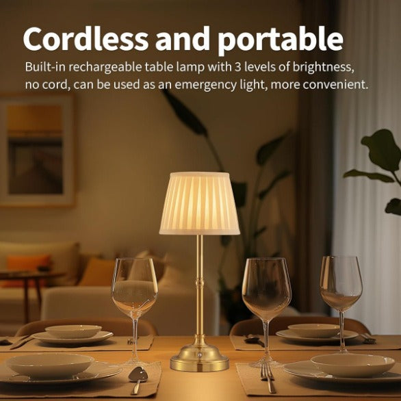 Gold and White Elegant Rechargeable Fabric Shade LED Lamp - Cordless Touch Stepless Dimmable Table Light