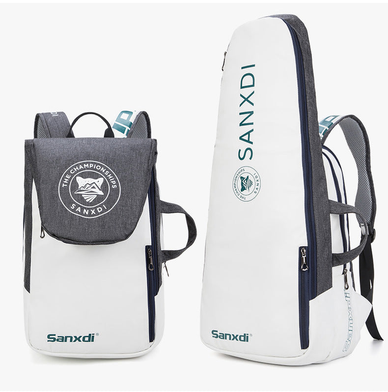 Grey and White Multifunctional Tennis &amp; Badminton Backpack - Waterproof Racket Bag with Shoe Compartment