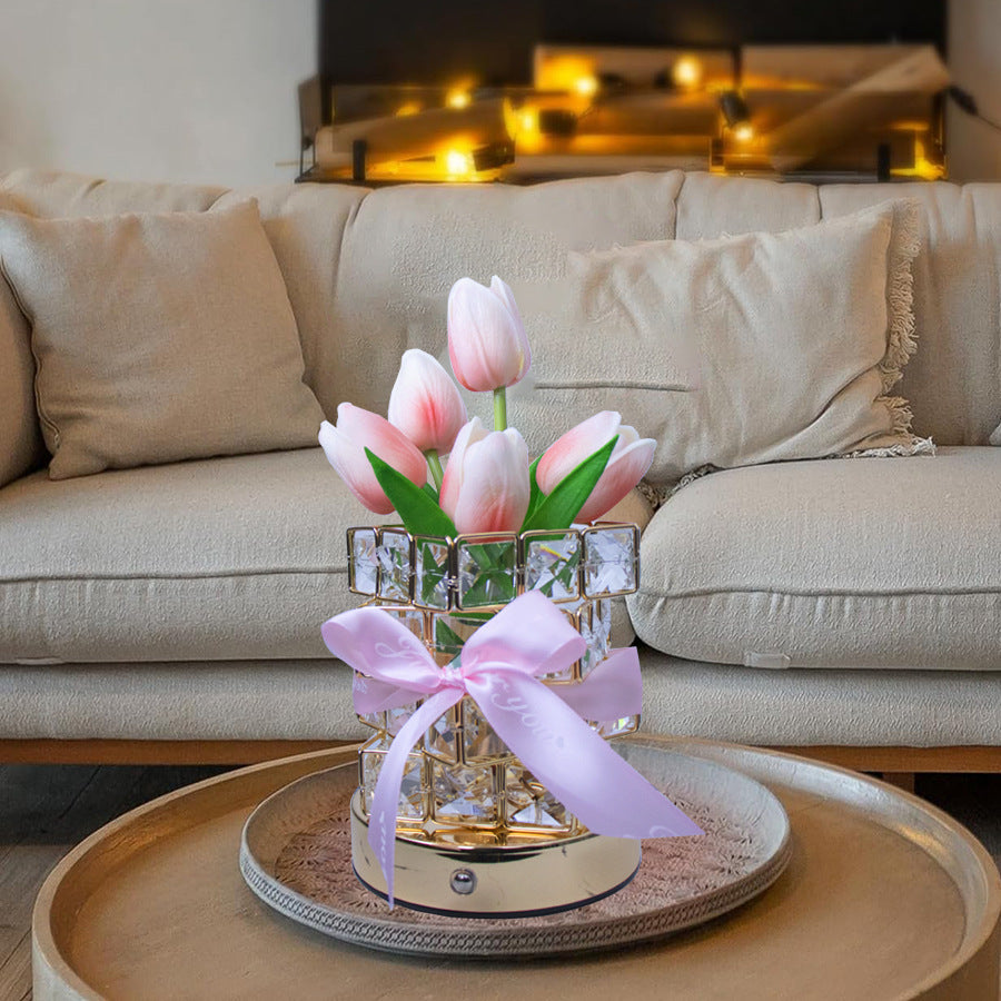 Pink Elegant Crystal Tulip LED Night Light - Rechargeable Touch Lamp with 3 Colors &amp; Dimming