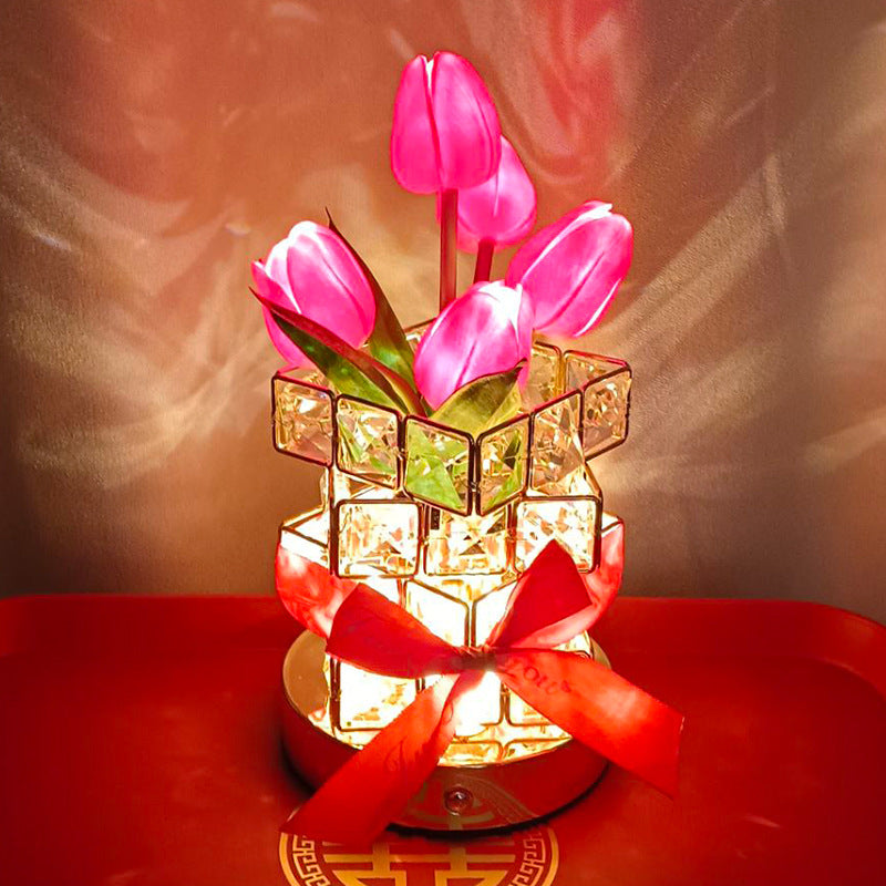 Pink Elegant Crystal Tulip LED Night Light - Rechargeable Touch Lamp with 3 Colors & Dimming
