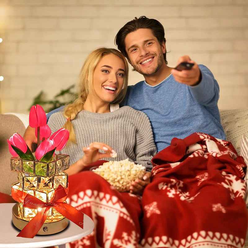 Yellow Elegant Crystal Tulip LED Night Light - Rechargeable Touch Lamp with 3 Colors & Dimming