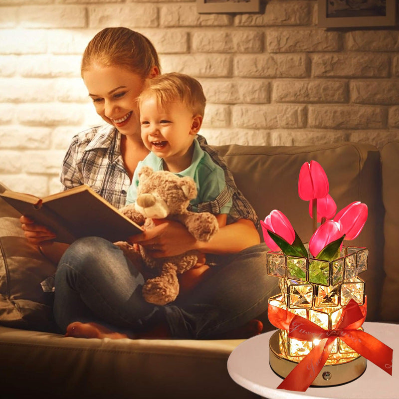 Yellow Elegant Crystal Tulip LED Night Light - Rechargeable Touch Lamp with 3 Colors & Dimming