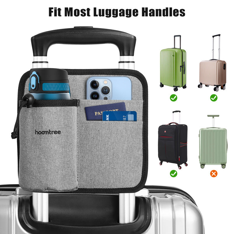 2 Pcs Black Hands-Free Luggage Handle Travel Cup Holder & Organizer Pouch