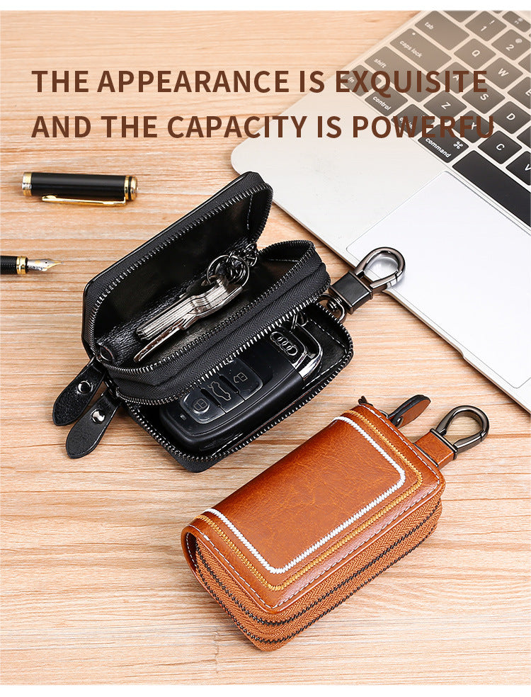 Brown Premium Genuine Leather Double Zipper Key Case - Car & House Key Organizer Pouch