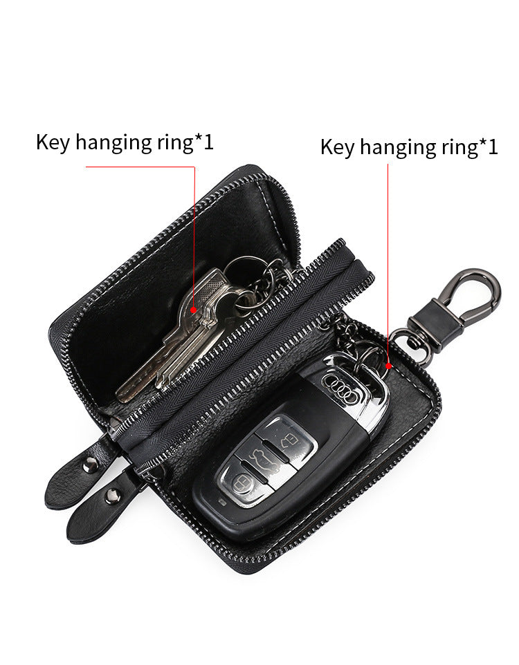 Brown Premium Genuine Leather Double Zipper Key Case - Car & House Key Organizer Pouch
