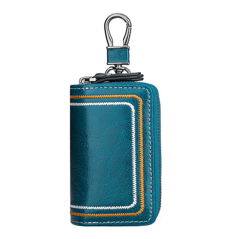 Blue Premium Genuine Leather Double Zipper Key Case - Car &amp; House Key Organizer Pouch