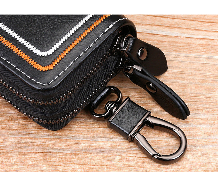 Red Premium Genuine Leather Double Zipper Key Case - Car & House Key Organizer Pouch