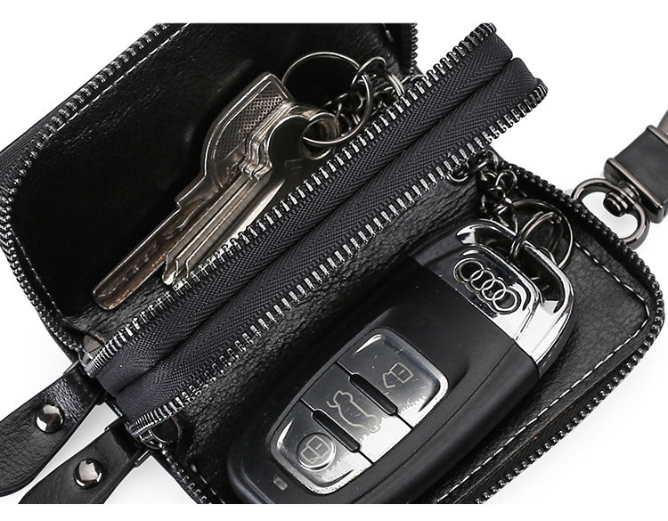 Red Premium Genuine Leather Double Zipper Key Case - Car & House Key Organizer Pouch