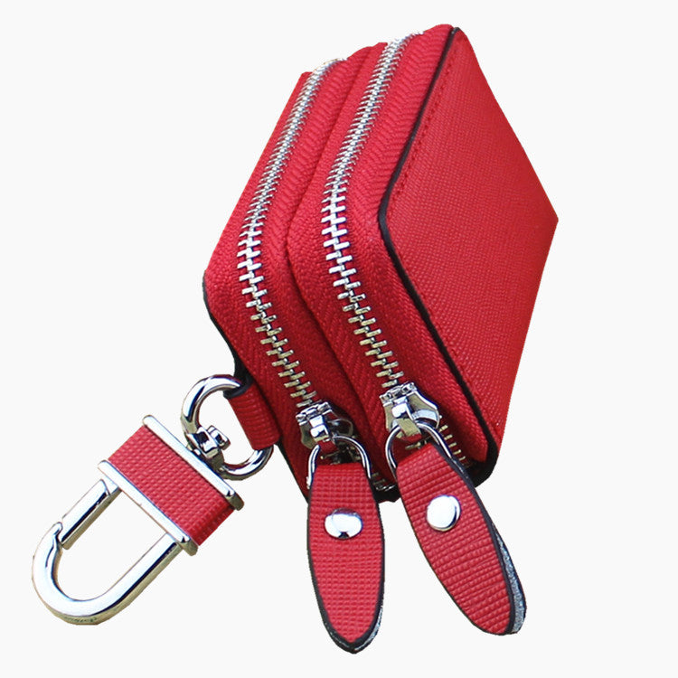 Red Compact Crossgrain Leather Double Zipper Key Case - Stylish Car &amp; Home Key Organizer