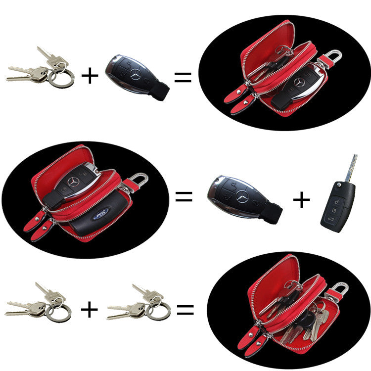 Blue Compact Crossgrain Leather Double Zipper Key Case - Stylish Car & Home Key Organizer