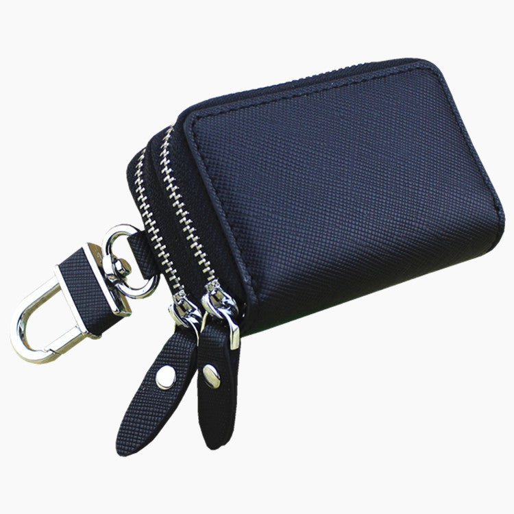Dark Blue Compact Crossgrain Leather Double Zipper Key Case - Stylish Car &amp; Home Key Organizer