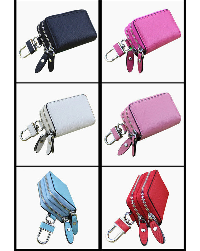Dark Blue Compact Crossgrain Leather Double Zipper Key Case - Stylish Car & Home Key Organizer