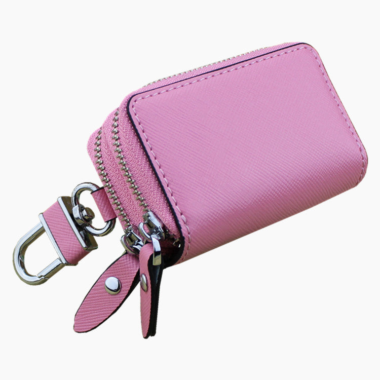 Light Pink Compact Crossgrain Leather Double Zipper Key Case - Stylish Car &amp; Home Key Organizer