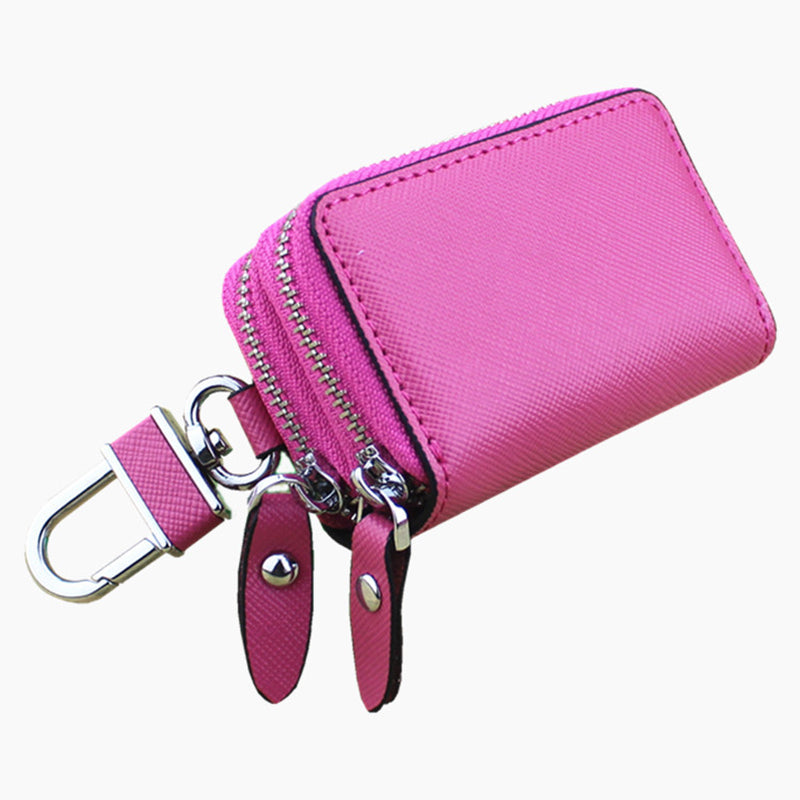 Dark Pink Compact Crossgrain Leather Double Zipper Key Case - Stylish Car &amp; Home Key Organizer