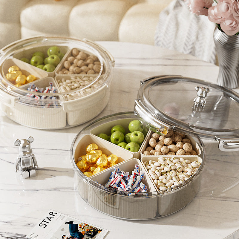 Beige And Beige Snap Button Elegant Compartment Serving Tray with Lid - Versatile Snack, Fruit & Candy Box