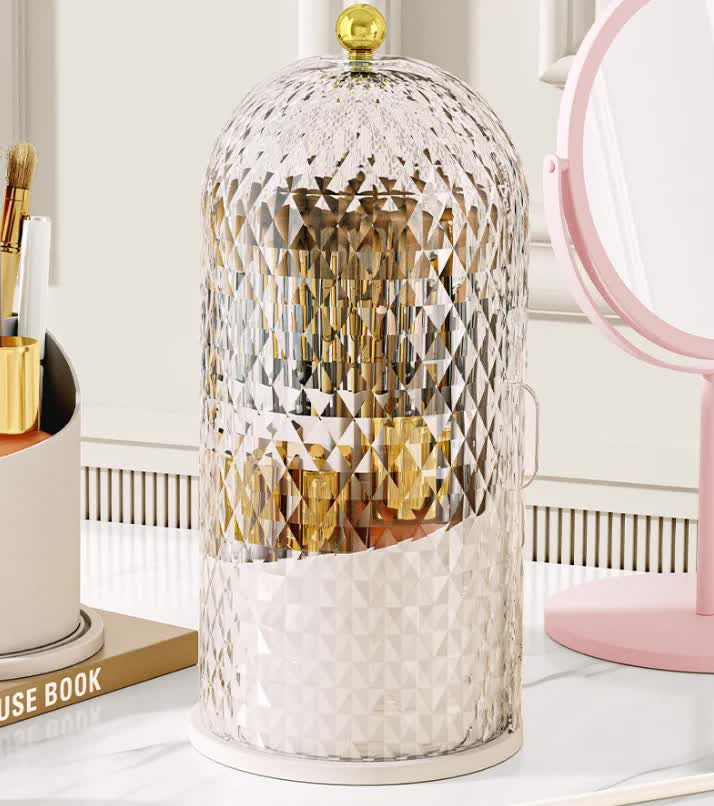 White Elegant 360 Rotating Makeup Brush Holder &amp; Cosmetic Organizer with Dustproof Dome Lid(Makeup is a prop for shooting and is not included)