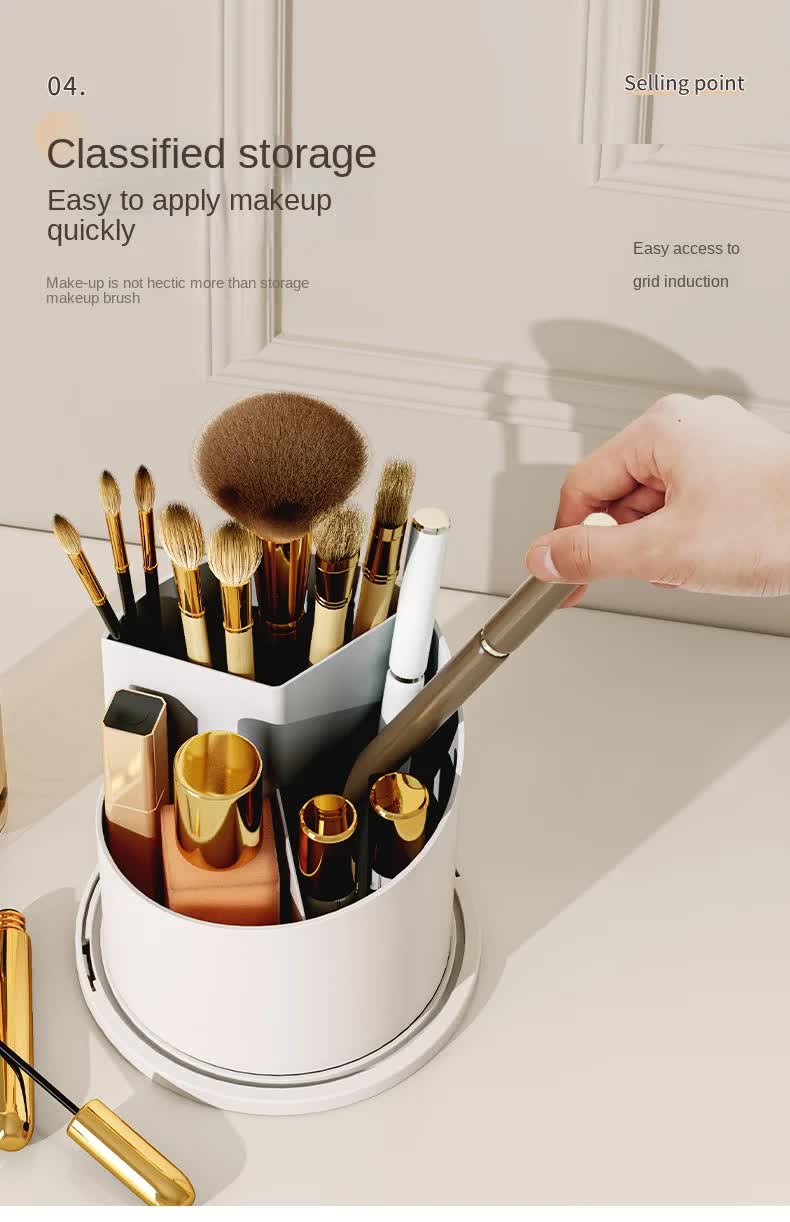 White Elegant 360 Rotating Makeup Brush Holder & Cosmetic Organizer with Dustproof Dome Lid(Makeup is a prop for shooting and is not included)
