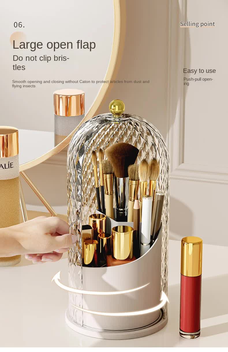 White Elegant 360 Rotating Makeup Brush Holder & Cosmetic Organizer with Dustproof Dome Lid(Makeup is a prop for shooting and is not included)