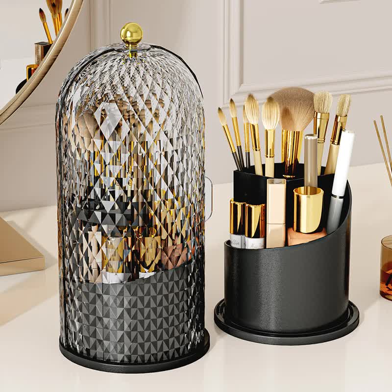 Black Elegant 360 Rotating Makeup Brush Holder & Cosmetic Organizer with Dustproof Dome Lid(Makeup is a prop for shooting and is not included)