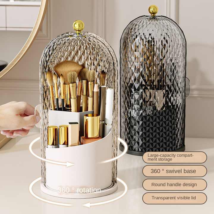 Black Elegant 360 Rotating Makeup Brush Holder & Cosmetic Organizer with Dustproof Dome Lid(Makeup is a prop for shooting and is not included)
