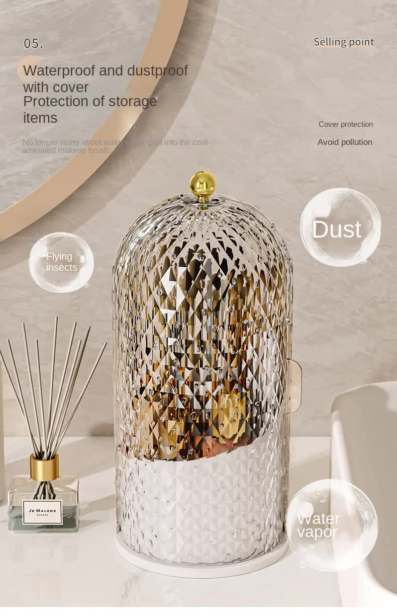 Black Elegant 360 Rotating Makeup Brush Holder & Cosmetic Organizer with Dustproof Dome Lid(Makeup is a prop for shooting and is not included)