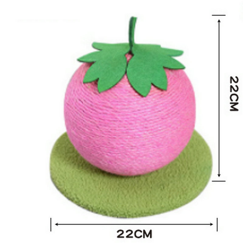 Pink Strawberry And Green Base Fun Fruit Shaped Sisal Cat Scratcher Ball - Durable Scratching Toy with Stable Base